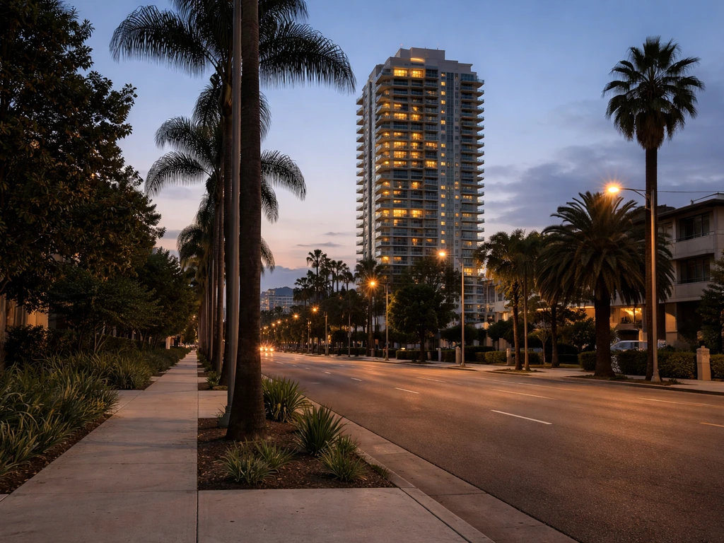 West Hollywood skyline at dusk with luxury apartment towers as a stand-in for documented real estate.