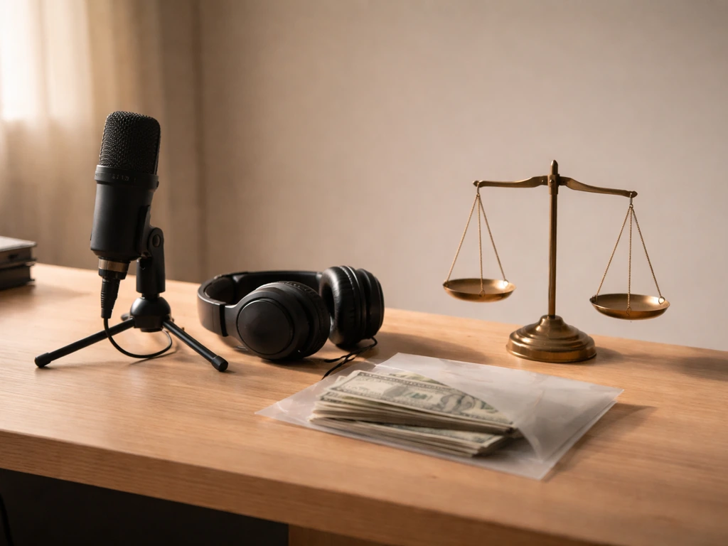 Minimal photo of a music producer studio desk with a money-themed prop suggesting an estimated net-worth range.