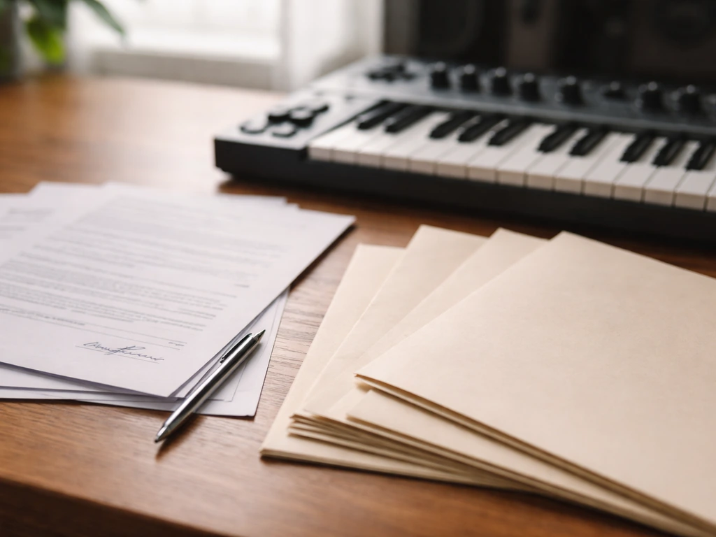 Music contract and beat-delivery paperwork beside a studio keyboard on a wooden desk.