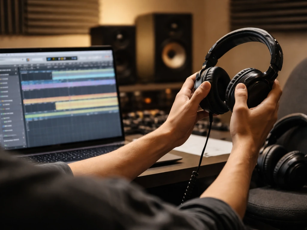 Music producer at a studio desk with headphones and a monitor showing an audio session timeline.