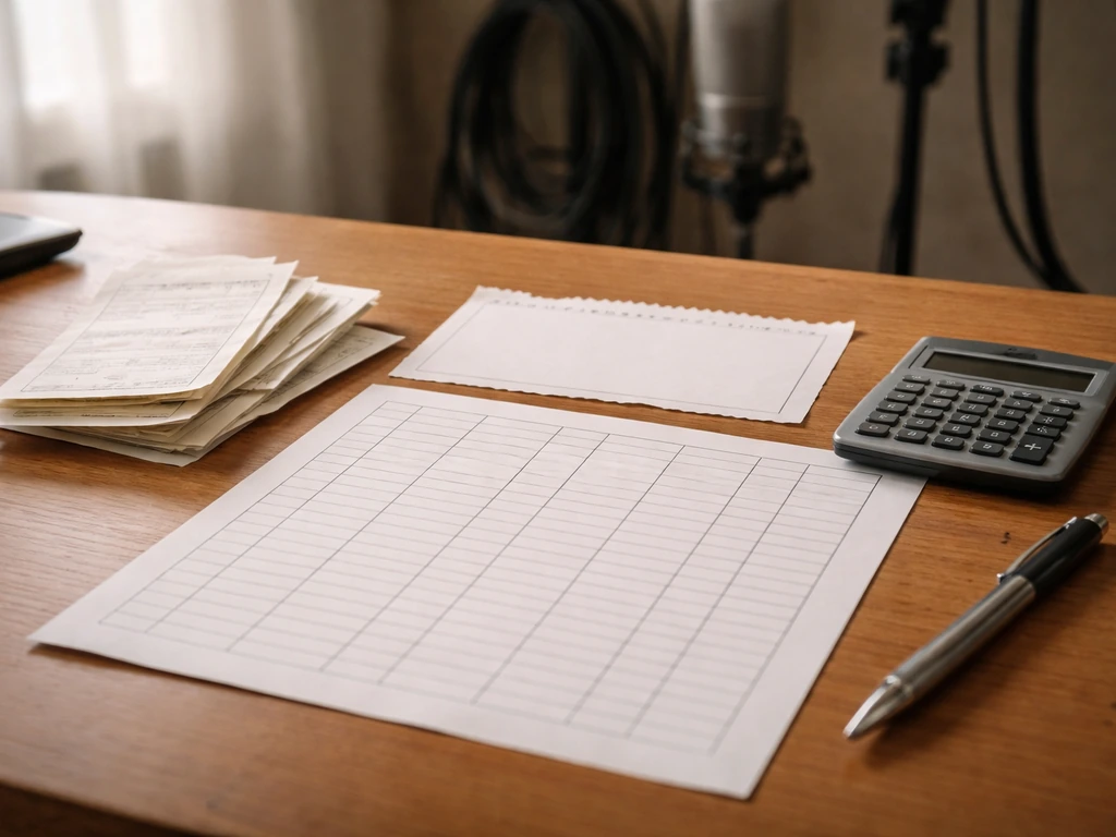 Receipts, a blank ledger sheet, and a torn tax form fragment on a desk beside a calculator.