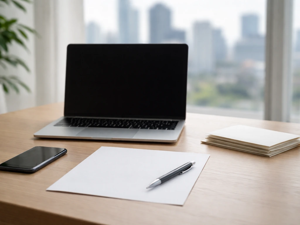 Minimal desk scene with laptop and phone beside blank paper, symbolizing reading a net-worth estimate