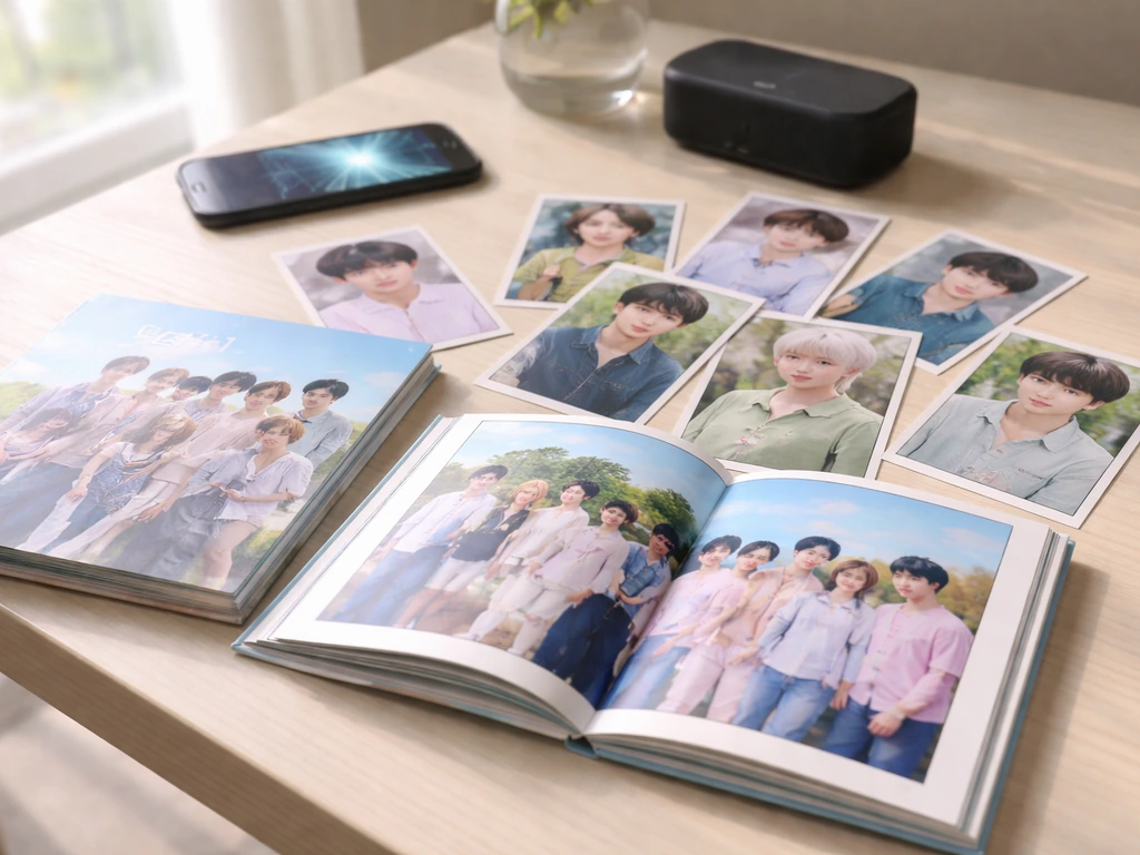 K-pop physical albums on a table with a smartphone and speaker softly blurred in the background.