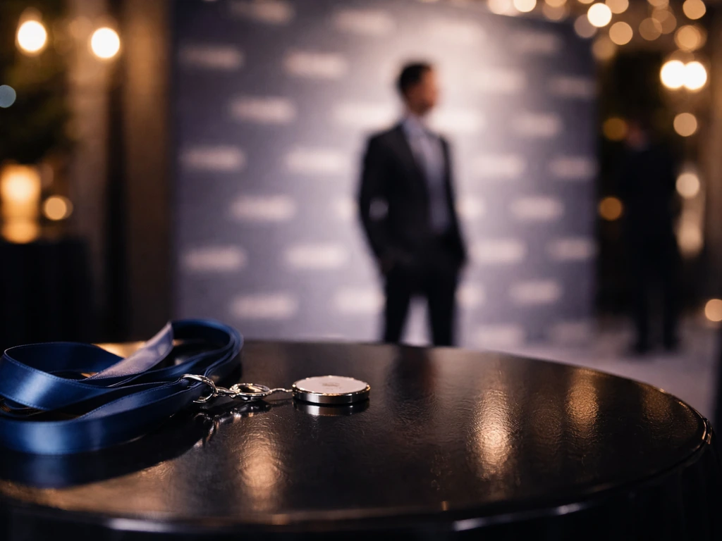 Blurred event table with metallic token and lanyard in front of a textless branded backdrop.