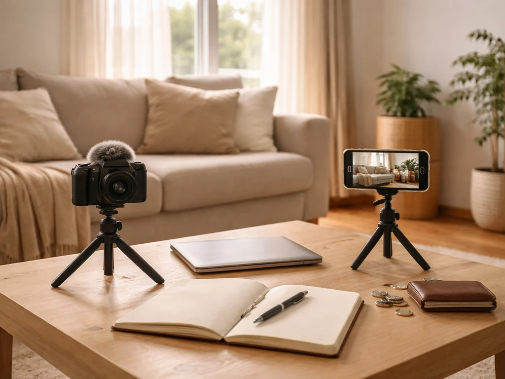 Empty home living-room vlog setup with camera, smartphone, and small items suggesting budgeting and recording