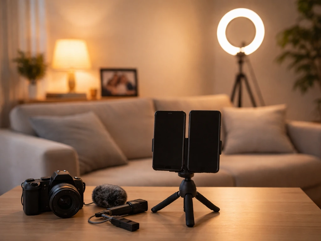 Minimal living-room vlog filming setup with phones on tripod and camera gear, no people visible.
