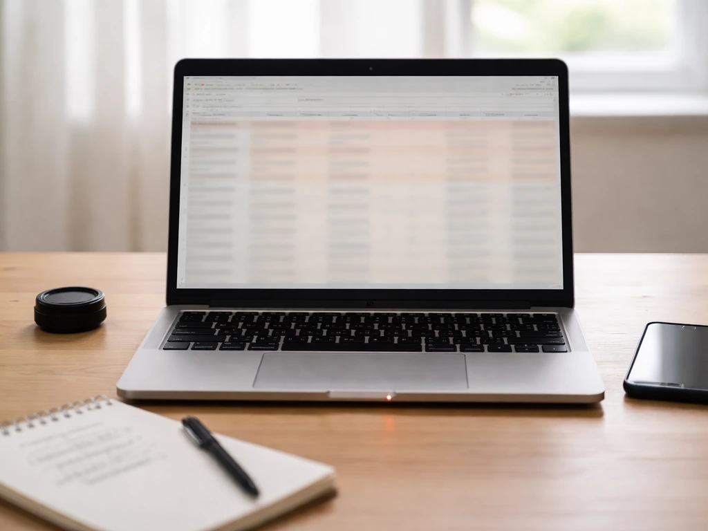 Minimal desk with laptop and blurred, redacted spreadsheet area suggesting view-based revenue calculation.