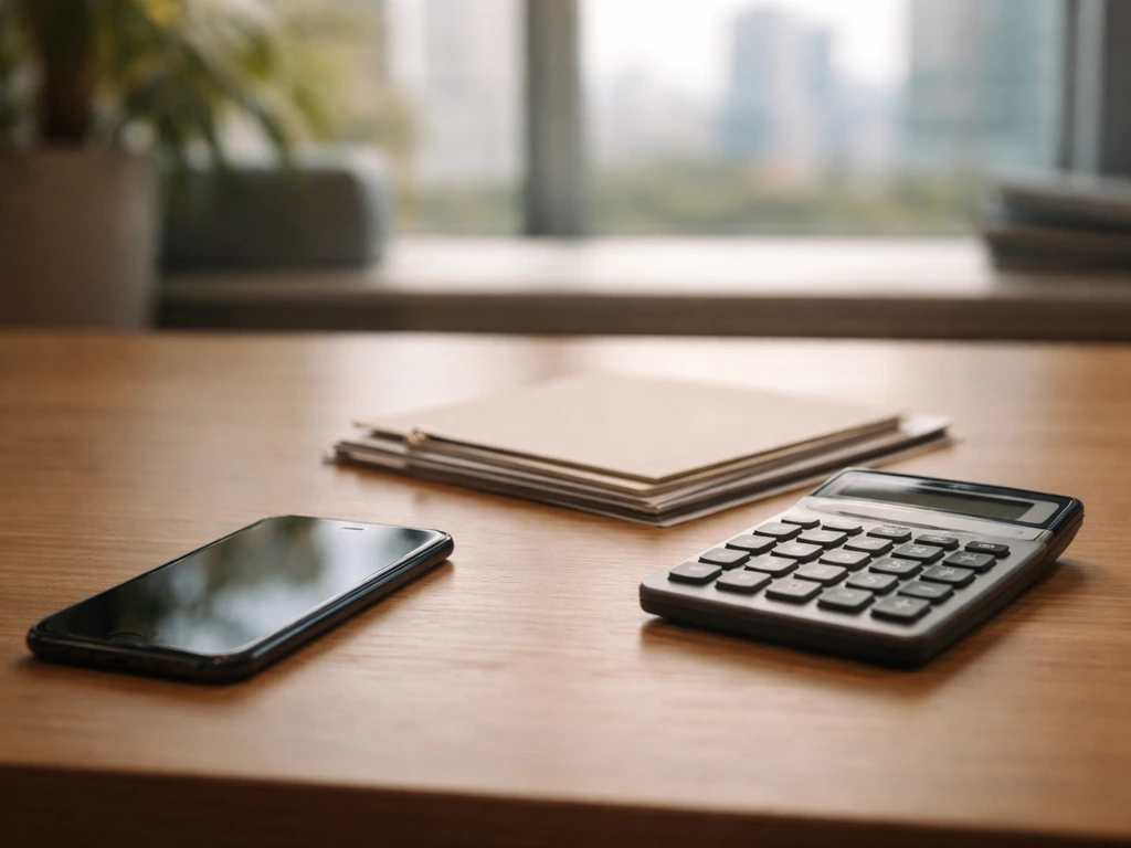 Minimal desk scene with smartphone, calculator, and documents suggesting a quick financial lookup.