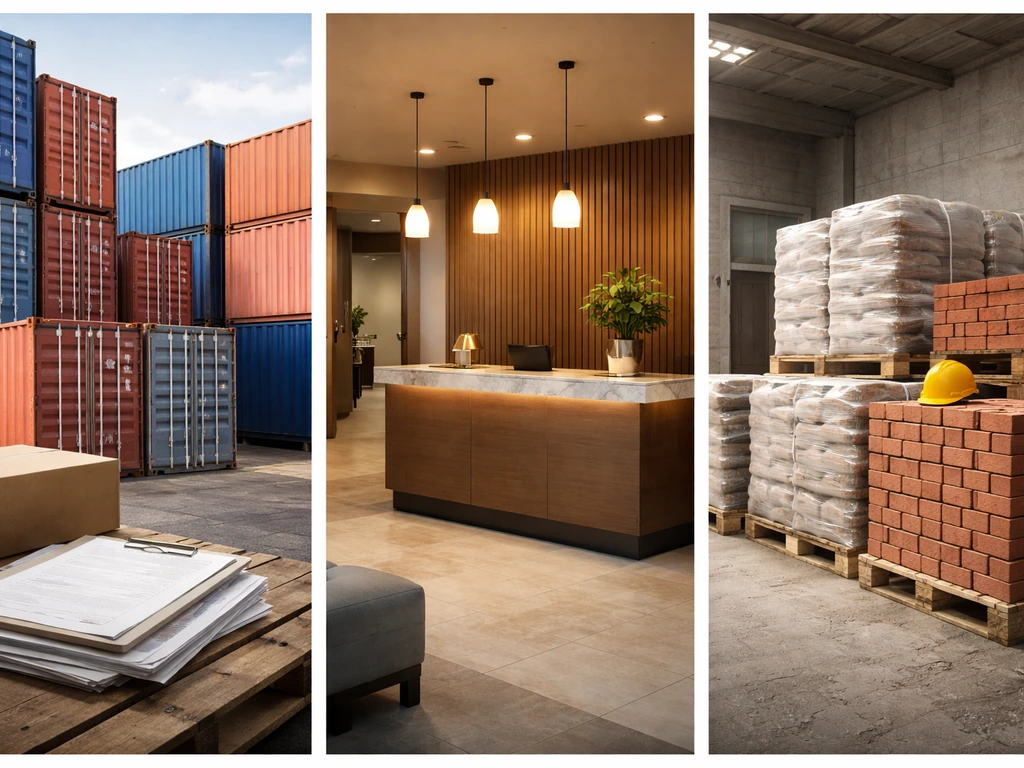 Minimal collage of shipping containers, a quiet hotel lobby, and construction materials to suggest diversified income dr