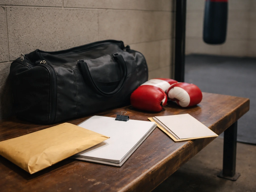 Boxing gym corner with gloves and duffel next to two unlabeled envelopes and a plain contract folder.