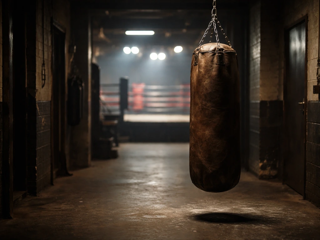 Dimly lit boxing gym corridor with a heavy bag and blurred TV lights, symbolizing a heavyweight career timeline.