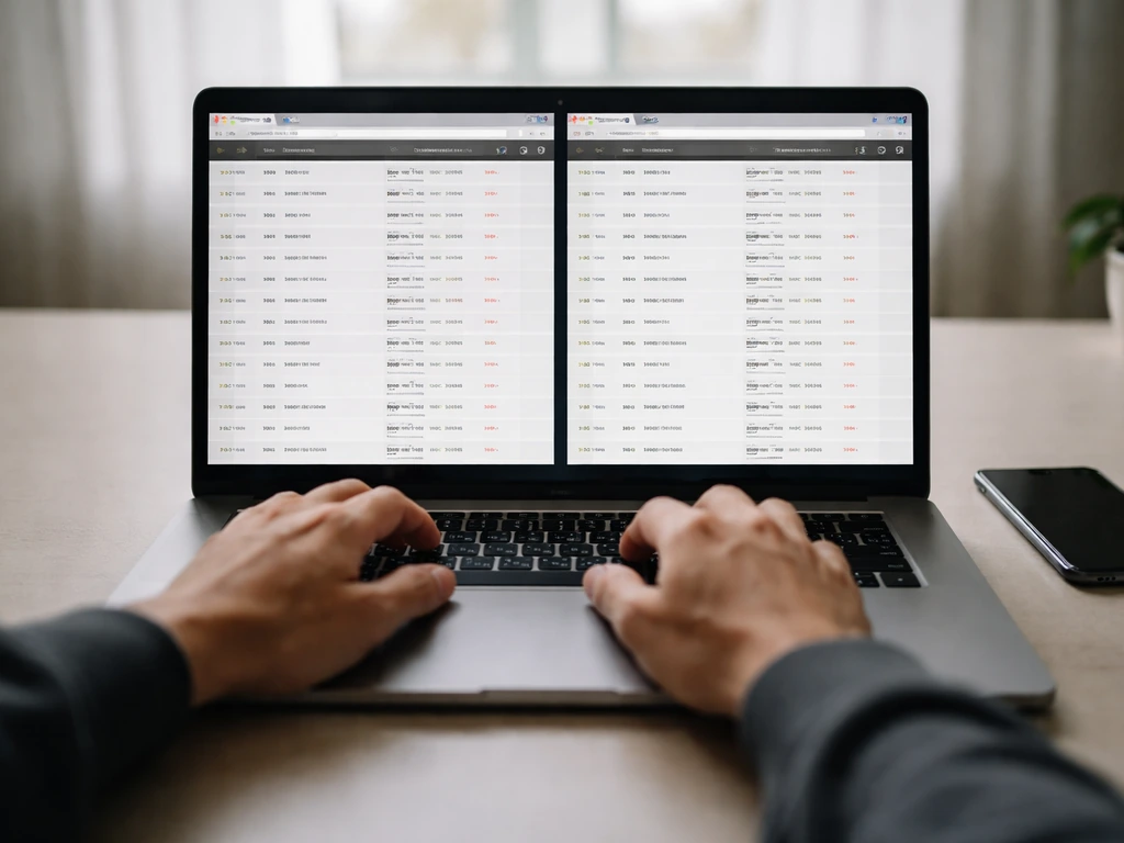 Person using a laptop with two browser tabs showing boxing bout lists for verification