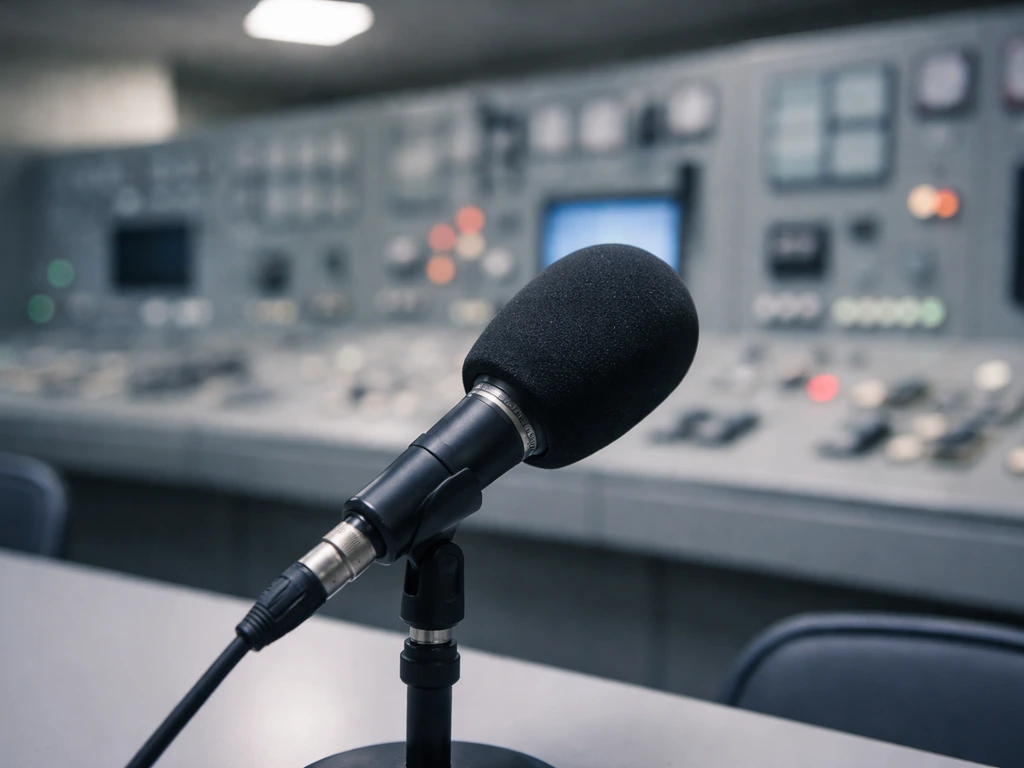 Power plant control-room setting with a newsroom-style microphone stand, symbolizing a 2016 media viral moment.