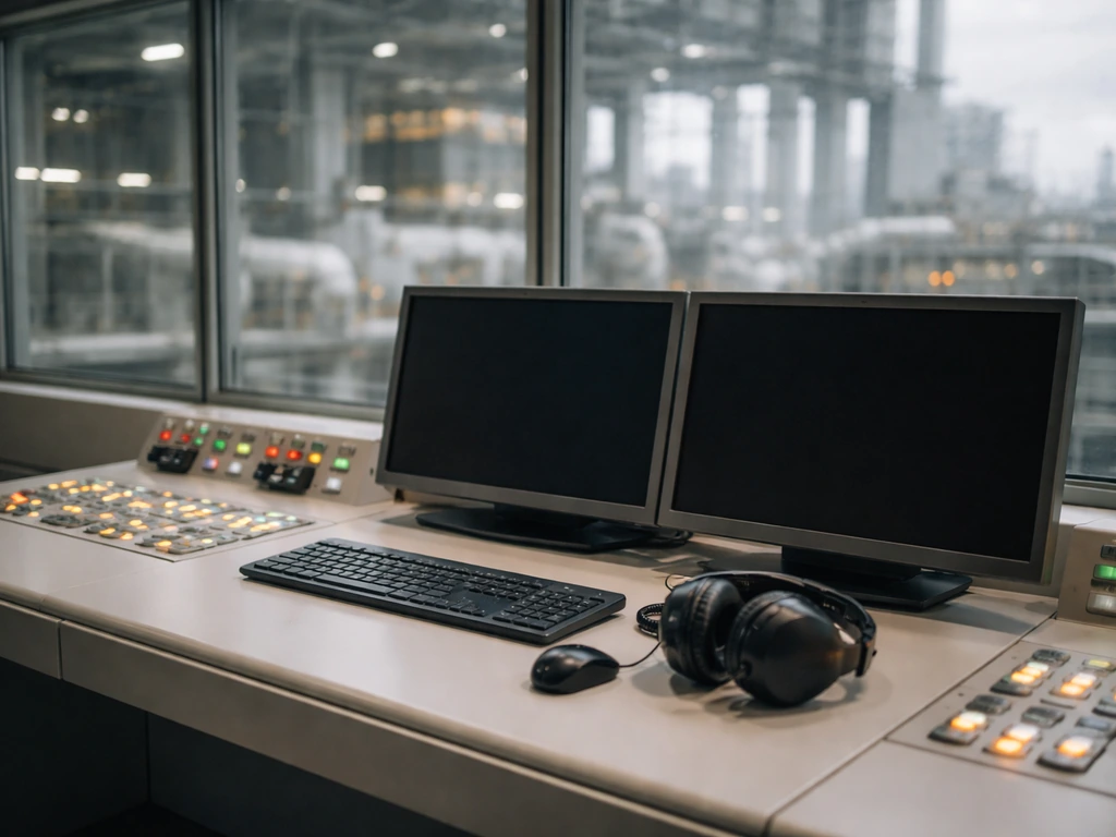 Quiet fossil-fuel power plant control room with a workstation, dim monitors, and power infrastructure beyond glass.