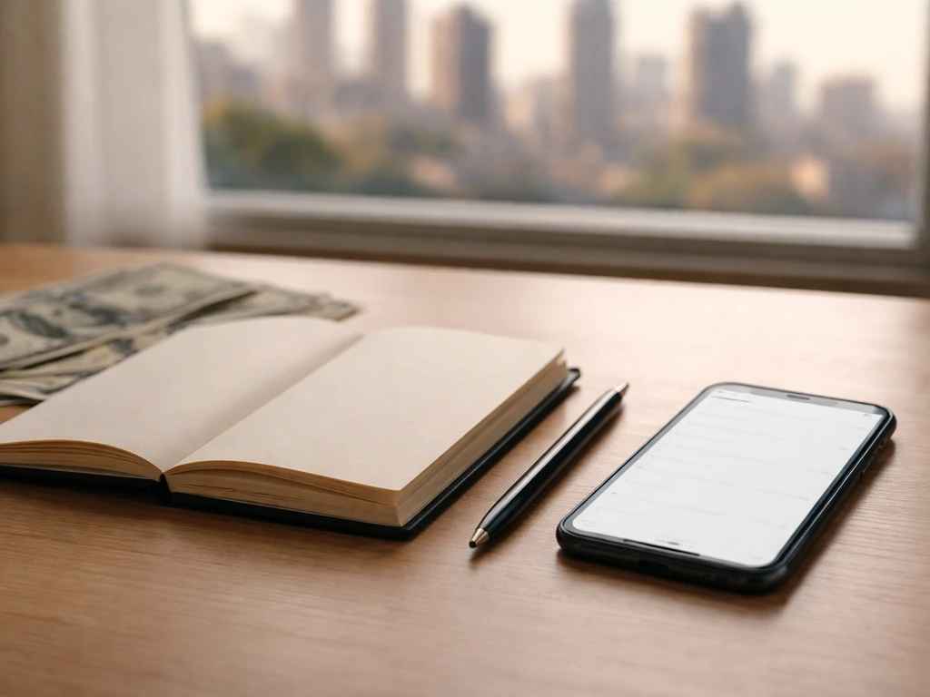 Minimal photo of a desk with scattered cash, a notebook, and a smartphone showing a blank timeline-like view