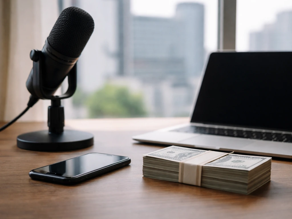 Minimal studio desk with a microphone and cash bundle beside a closed laptop, city view in background.