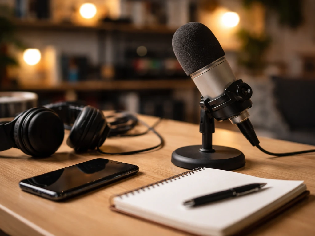 Anonymous podcast setup with microphone and phone on a studio desk, suggesting media-profile investigation.