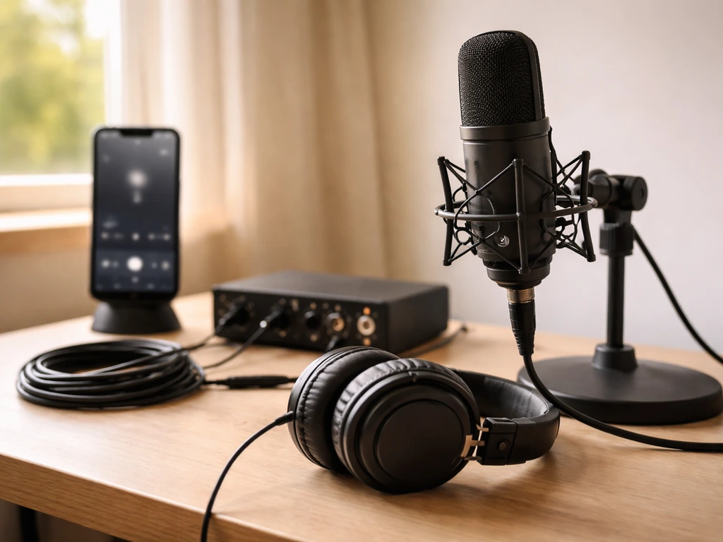 Anonymous music studio desk with microphone, headphones, and blurred phone showing music controls