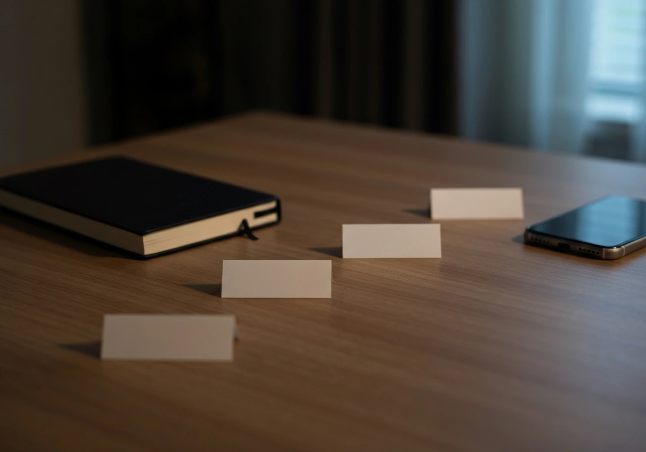 Minimal desk scene with three blank milestone cards arranged like a timeline, beside notebook and phone.