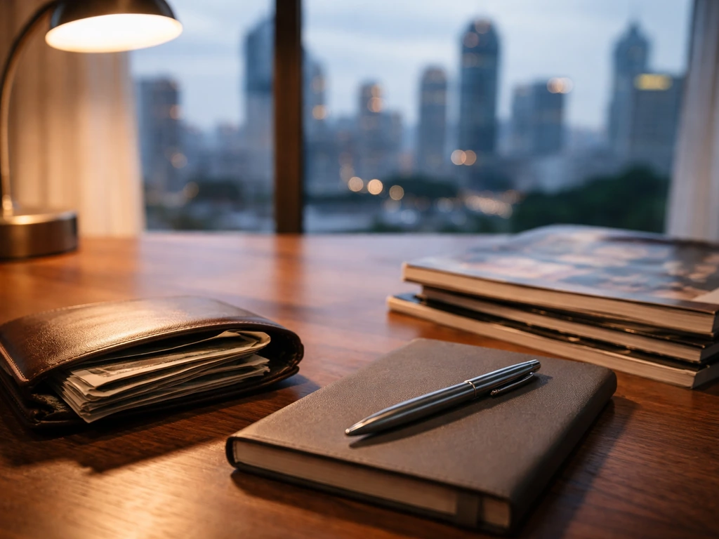 Finance desk with wallet, cash, pen, and blurred city view symbolizing uncertain net-worth estimates.