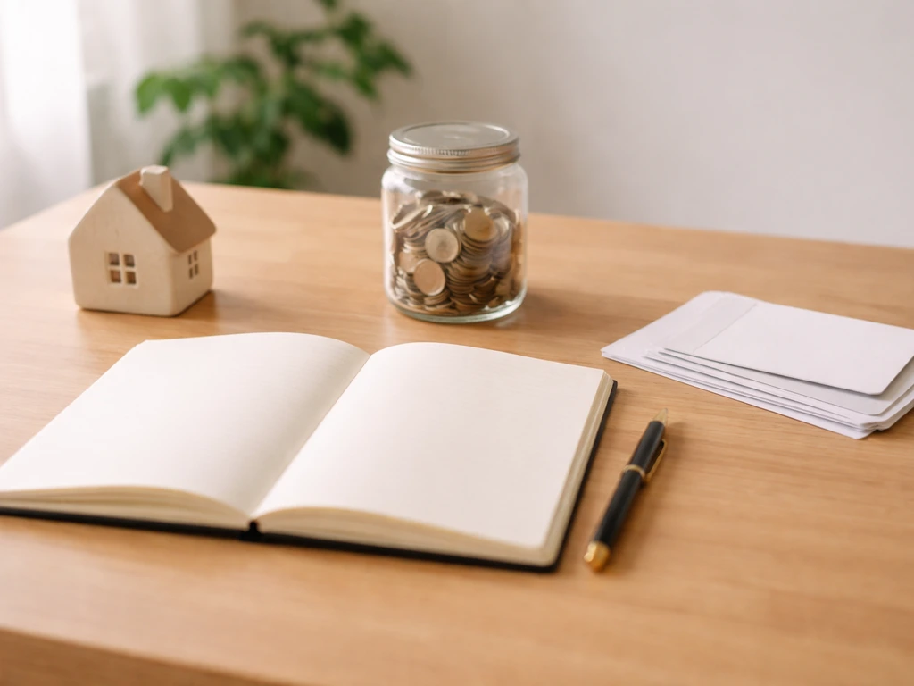 Minimal photo of a ledger-like desk scene with a home, investment, and debt theme objects, no text.