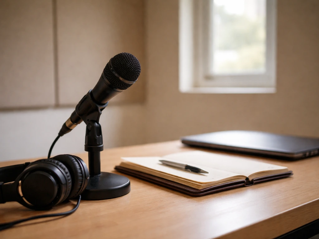 Close-up of a studio microphone and headphones on a desk beside a laptop, suggesting media and music careers