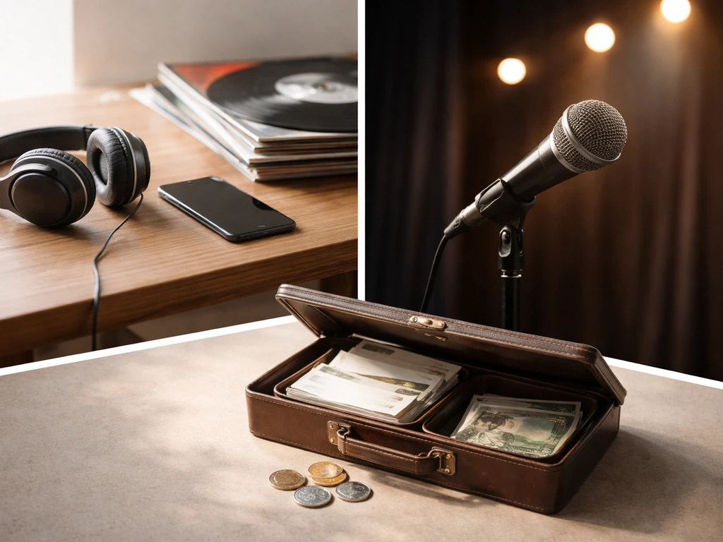 Minimal collage of headphones, microphone on stage, and coins with a briefcase for music and business income.