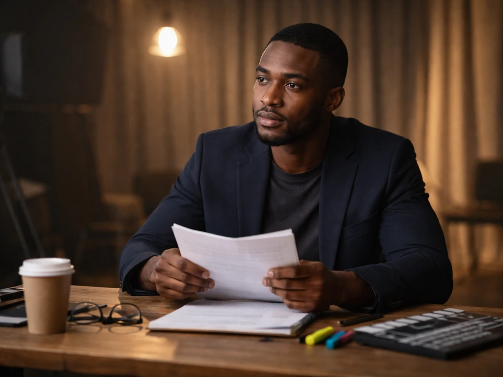 An actor in a simple studio setting holding a script, cinematic lighting for an acting and film theme.