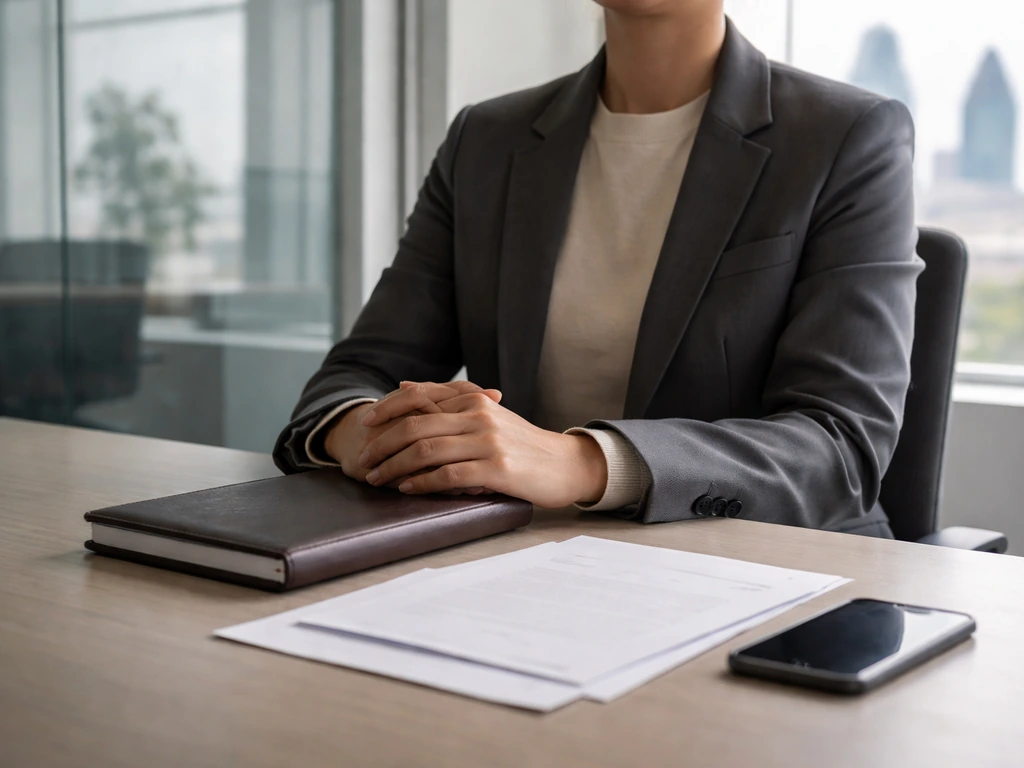 Anonymous executive in a London-style office with business documents and a subtle luxury atmosphere