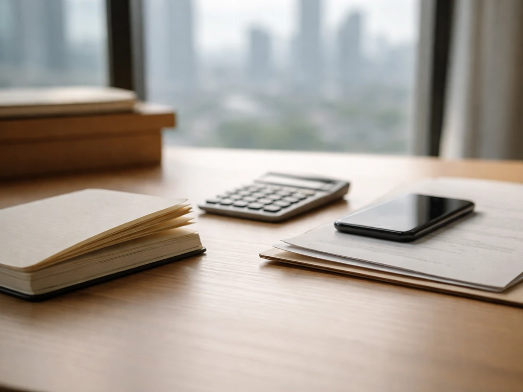 Minimal desk scene with financial documents and a calculator showing anonymous business analysis.