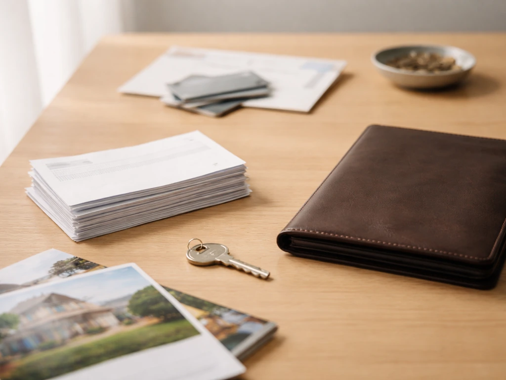 Minimal desk scene with portfolio, key, bills, and coins symbolizing assets versus spending drivers.