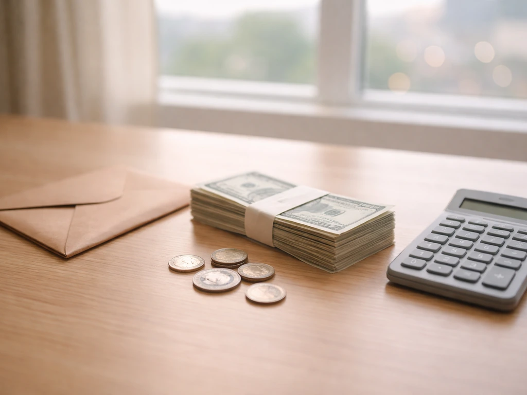 Minimal photo of a finance desk setup with a small envelope and scattered coins, suggesting net worth estimate range.