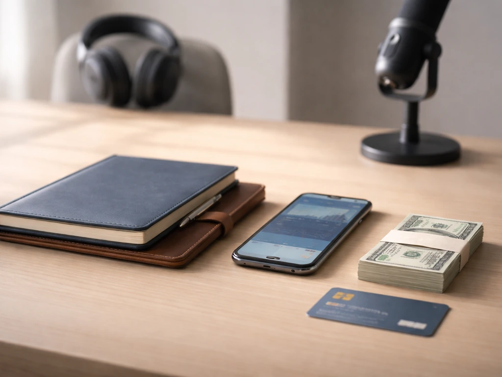 Minimal desk scene with coaching folder, phone, podcast mic, and credit card suggesting coaching and affiliate income.