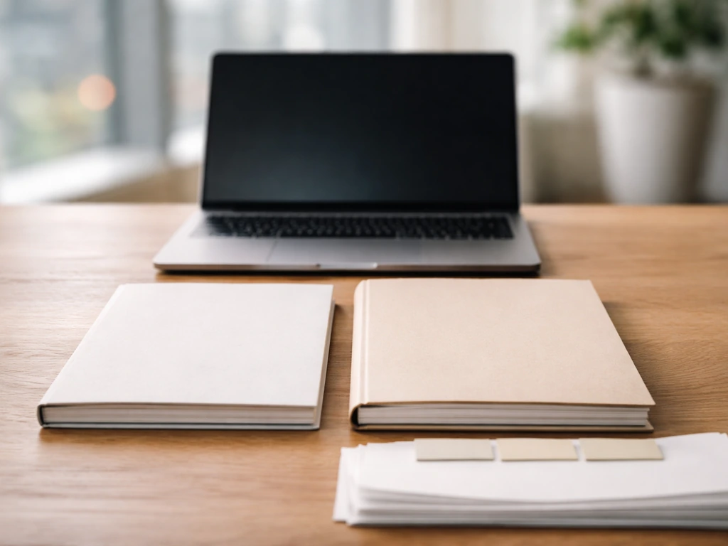 Open laptop on a desk with two neatly stacked folders, suggesting side-by-side estimate sources