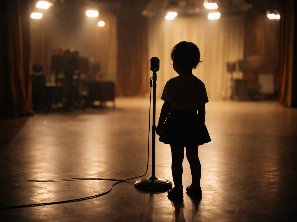 Vintage TV studio scene with a young performer silhouette and old microphone, evoking early variety-hour entertainment.