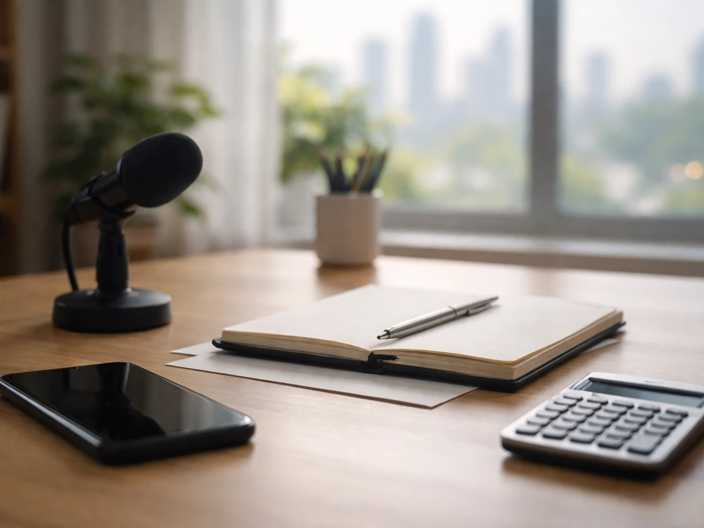 Minimal desk scene with a smartphone, notes, and a small microphone beside a calculator, suggesting earnings analysis.