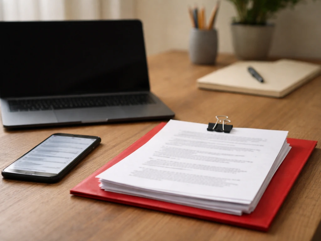 Office desk with blurred search on phone and printed papers, symbolizing an identity match check.