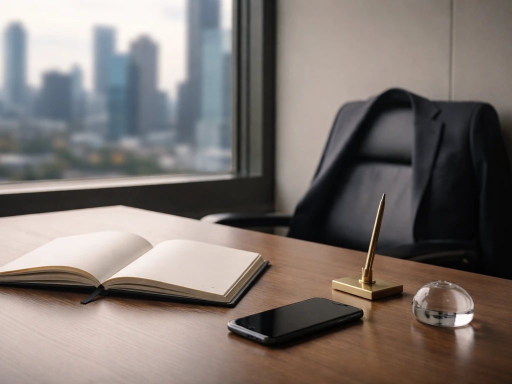 Minimal office desk with suit jacket, pen, notebook, and blurred city view suggesting executive earnings.