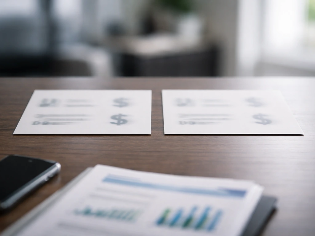 Minimal desk scene with two blurred price-like cards in a business setting symbolizing different net worth sources