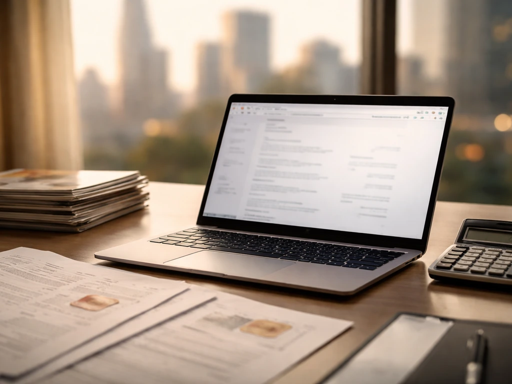 Open laptop showing finance documents and a calculator on a desk, symbolic research for celebrity net worth.