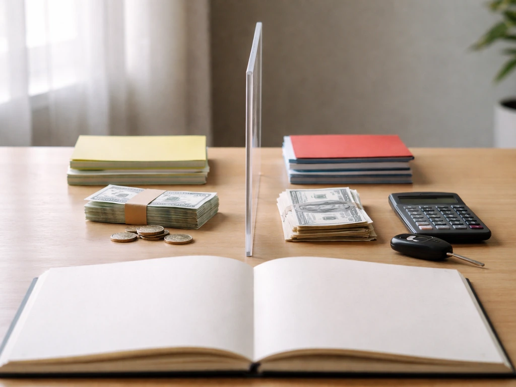 Desk scene split by a clear divider with coins and documents on one side, bills and a calculator on the other.