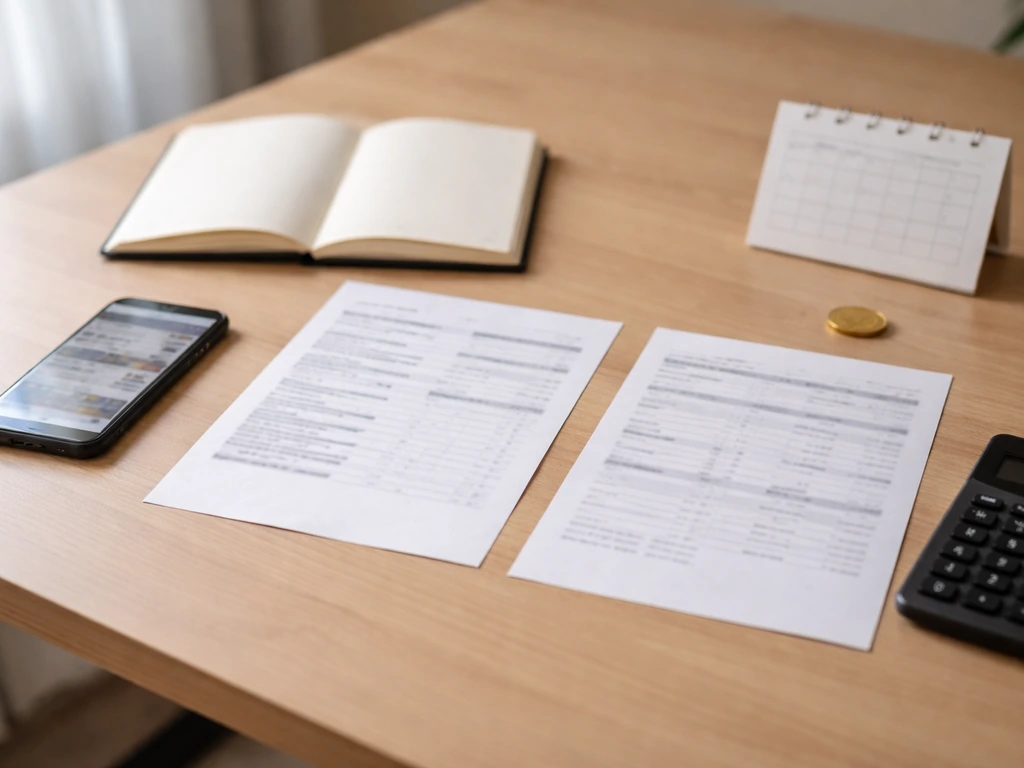Desk with two finance-like pages, blurred phone news, coins and calculator suggesting mismatched valuations.