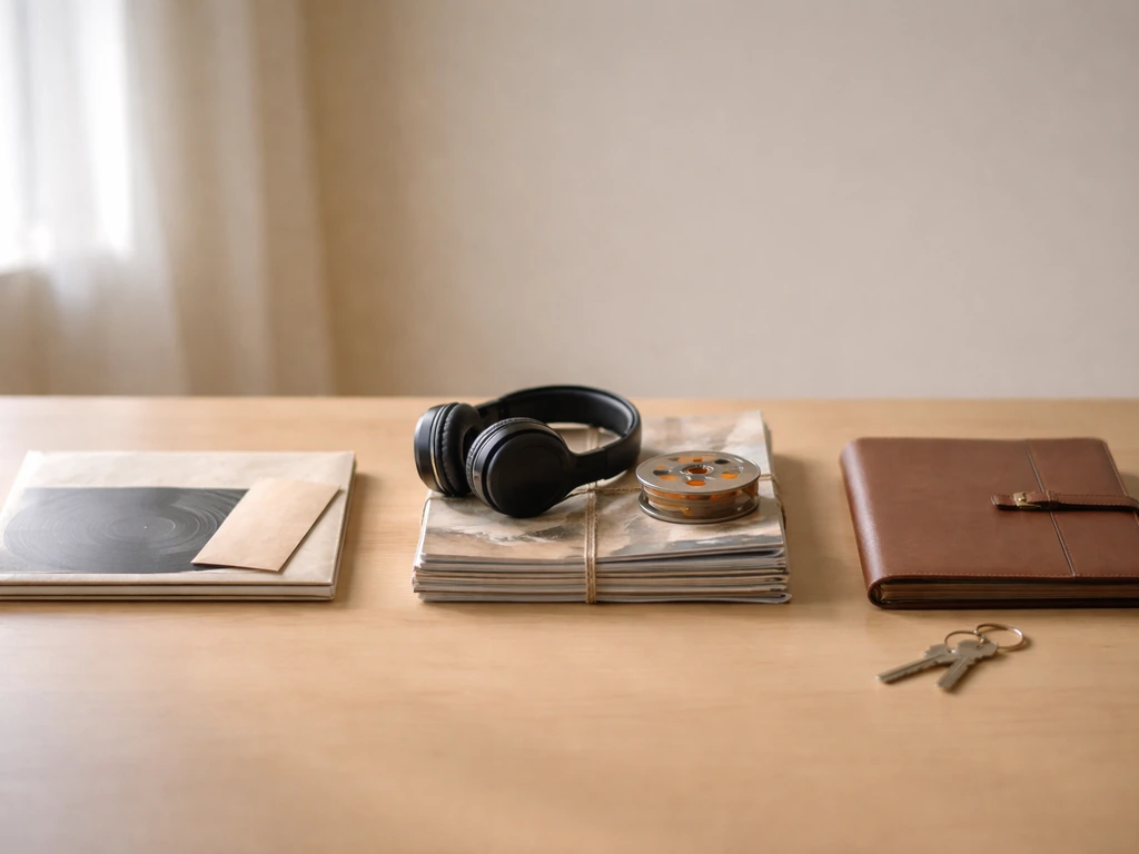 Three symbolic objects on a desk representing early income, mid-career rights, and business ownership.