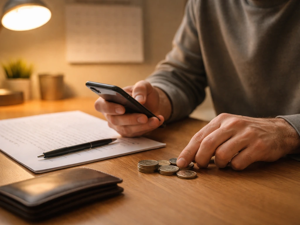 Anonymous hands at a desk with a phone, handwritten notes, and coins, suggesting responsible net-worth research.