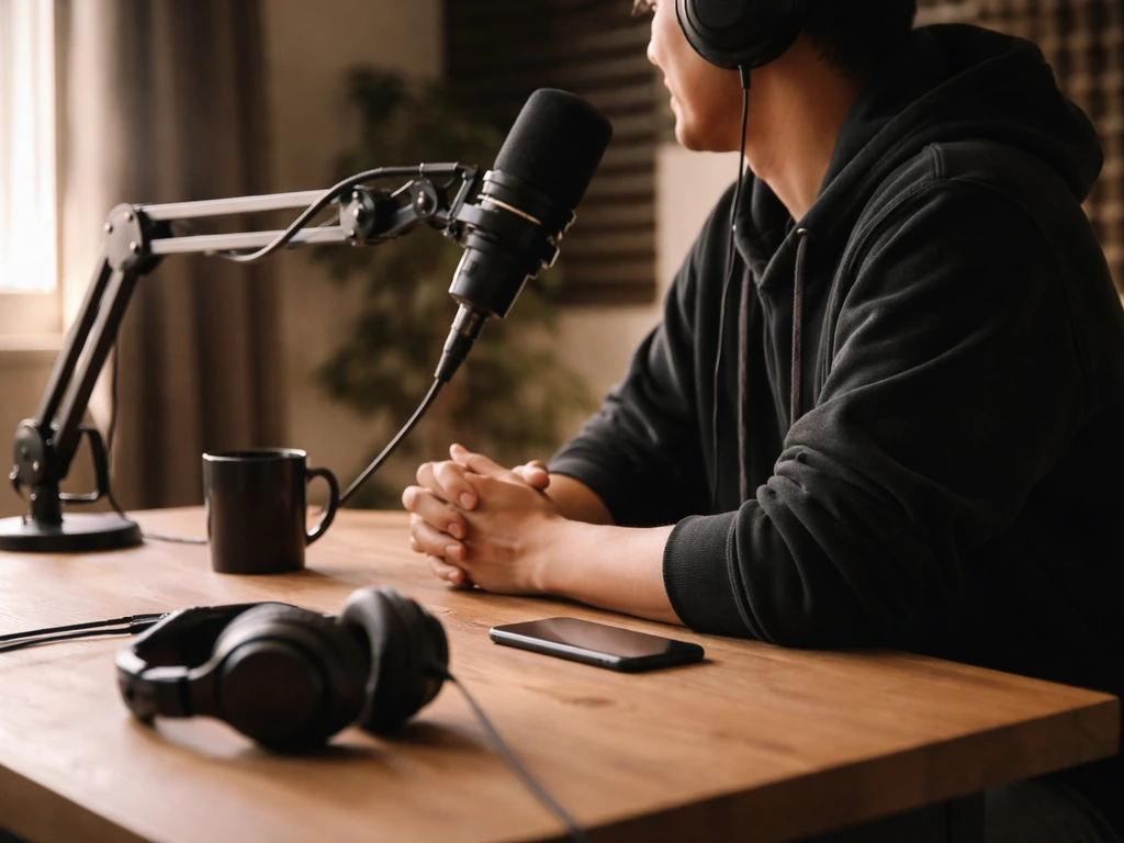 Anonymous music podcast host in a simple studio with a microphone and acoustic panels, suggesting Beau Bokan’s music-med