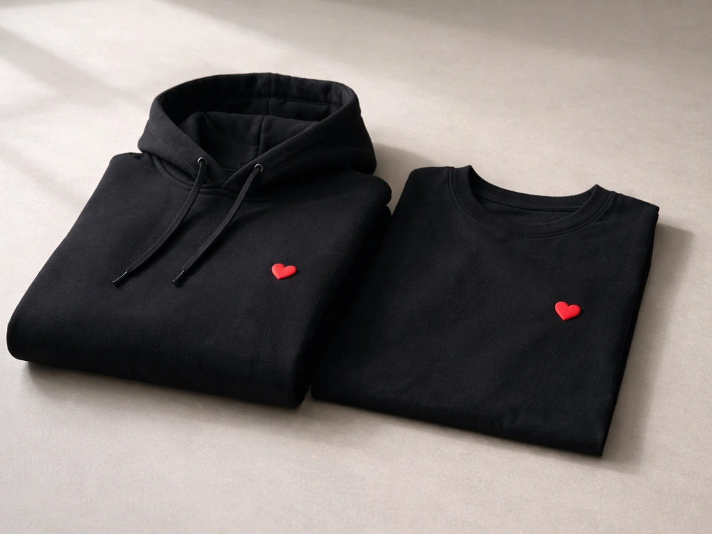 Close-up of folded black hoodie and T-shirt with a small red heart motif detail