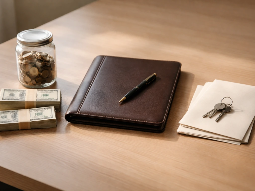 Minimal desk scene with envelopes, coins, a binder, and a small stack of bills symbolizing assets and debts.