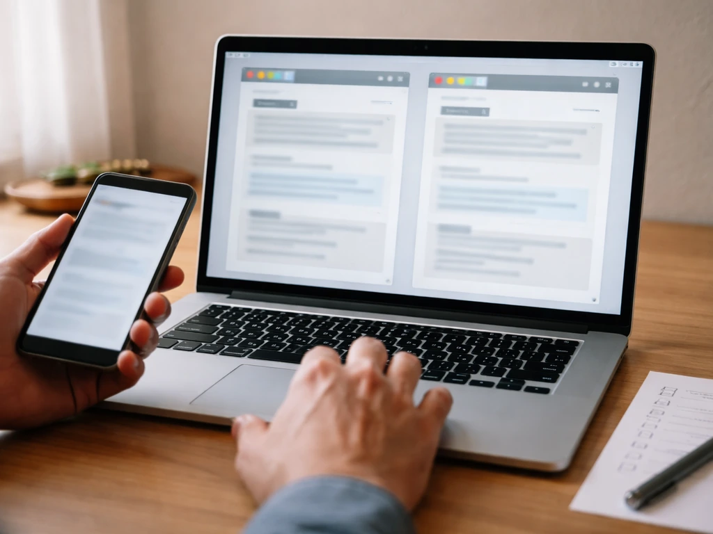 Hand holding a smartphone while a laptop shows two quiet browser windows for update verification.