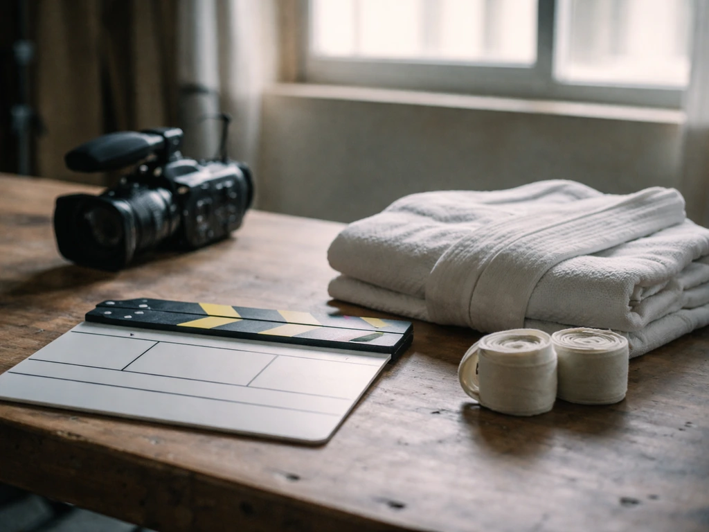 Empty film studio workbench with a slate, camera, and martial-arts training gear, symbolizing identity confirmation.