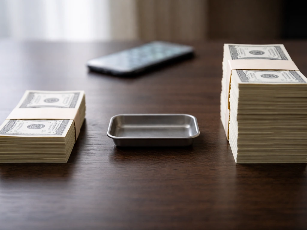 Minimal desk scene with two separate stacks of cash-like props and a smartphone showing blurred numbers, no text.